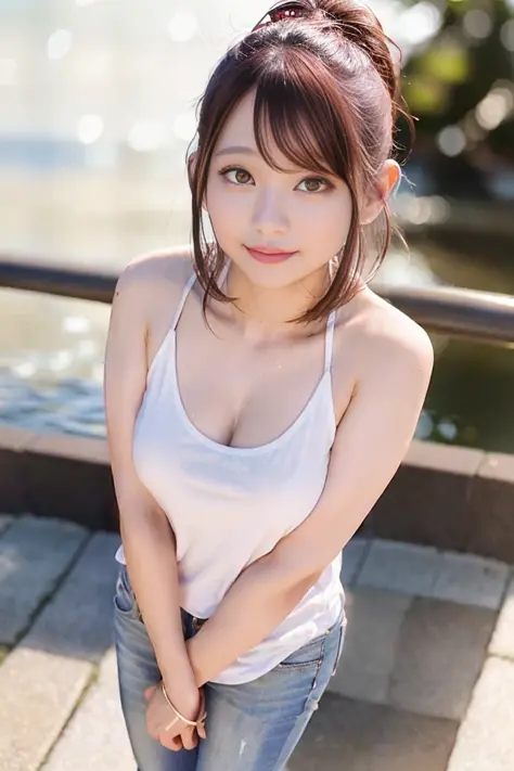 japanese, azusa, (skin blemish:1), black eye, 1woman, 25yo, (((woman))), solo, realistic,  best quality, photorealistic, masterpiece, 8k, high res, solo, extremely detailed face,  (professional lighting, bokeh), (light particles, lens flare, glowing particles:0.6), (dynamic pose:1.2), soft lighting, top angle view, fashionable and trendy atmosphere, japan, street, tokyo, city, ((daytime)), ((looking at the viewer)), (looking at the camera),(portrait:0.6), cowboy shot, gorgeous, standing, keep original facial proportion, wide shoulder, full body,  (medium breast),  (medium hair), brown hair, floating hair, lips, lipstick, seductive smile, floating hair, smile, (tshirt), (short jeans),  <lora:AV_AzusaH:1>