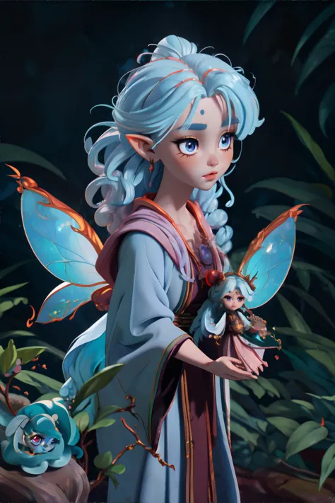 <lora:cutedolls:0.7>, fairy doll, wearing Mystic druid-inspired robes with nature-inspired motifs, (moonstone, flame, berry pale...