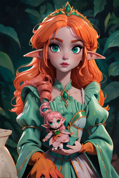 <lora:cutedolls:0.7>, elf doll, wearing Sorceress-inspired high-collar gowns with shimmering fabrics, (green, orange, pink palet...