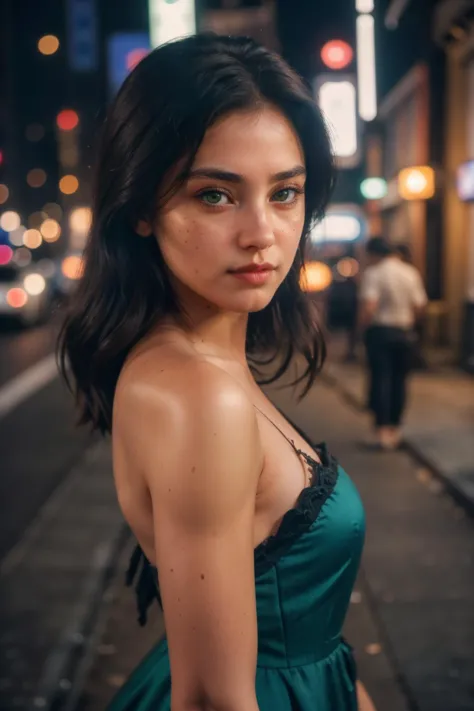 a woman in a green dress standing on a city street