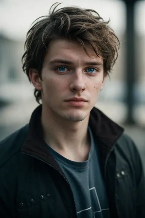 a close up of a young man with a blue eye