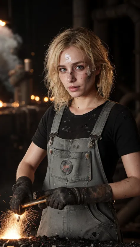 arafed woman in overalls and gloves working with a sparkler