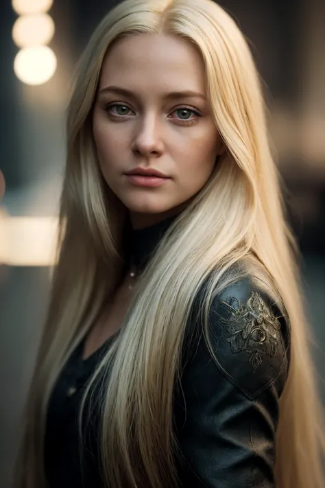 a close up of a woman with long blonde hair wearing a leather jacket