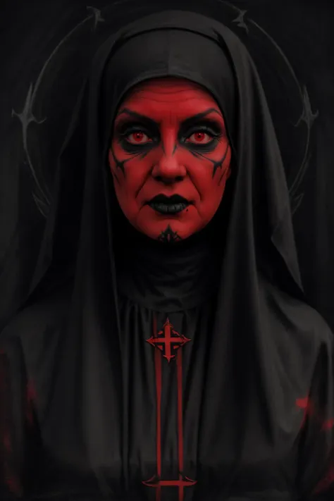 a woman in a black robe with red makeup and a cross on her forehead