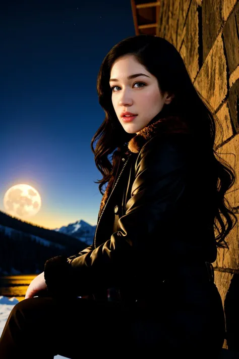 a woman sitting on a ledge in front of a stone wall