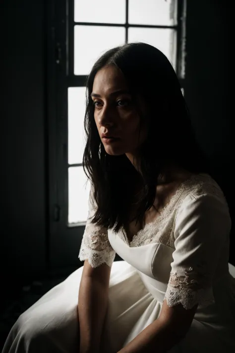 a woman in a white dress sitting in front of a window