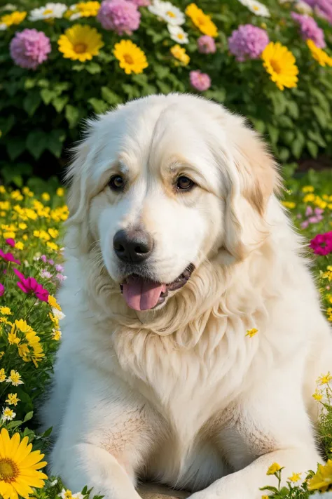 there is a large white dog laying in a field of flowers