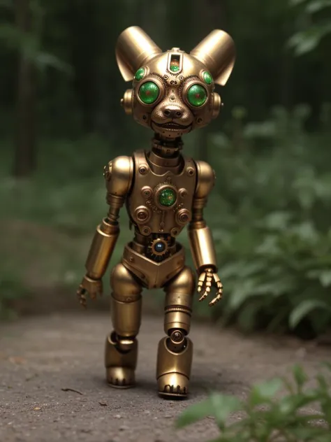 there is a gold robot with green eyes walking on a path