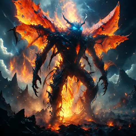 tempestmagic towering insectoid monstrosity, Volcanic calderas aglow with fiery magma,,, Spotlighting, bl4ckl1ghtxl, sharp focus...