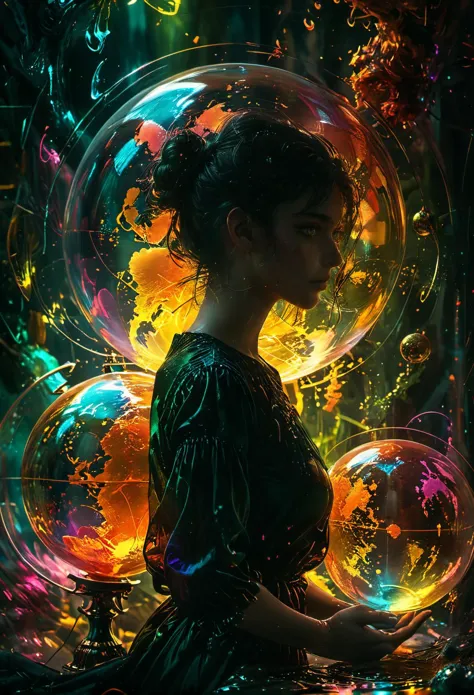 bold bright colored globes glow to light a 黑暗的 space around a beautiful young woman,大气,戏剧性, 辉光效果, 戈德雷, 手绘, 使成为, 8千, octane 使成为, Cinema 4D, 搅拌机, 黑暗的, 大气 4K ultra detailed, 電影, 清晰聚焦, 大景深, 杰作, 颜色, 3d octane 使成为, 4K, 概念艺术, artstation 上的热门, 超现实主义, Vivid 颜色, extremely detailed CG unity 8千 wallpaper, CGsociety 上的热门, 错综复杂, 高细节, 戏剧性