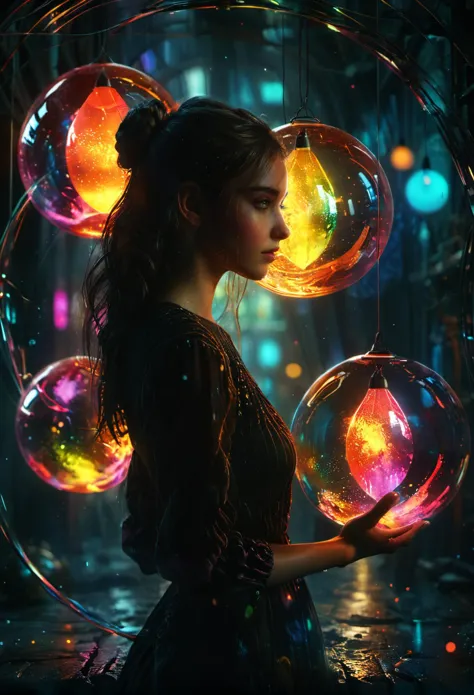 <lora:Lost_In_Dreams:0.75>,bold bright colored orbs glow to light a dark space around a beautiful young woman,atmospheric,dramat...