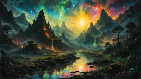 The ruins of an alien civilization, Bioluminescent rivers weaving through lush valleys in the background,, moody lighting,, colo...