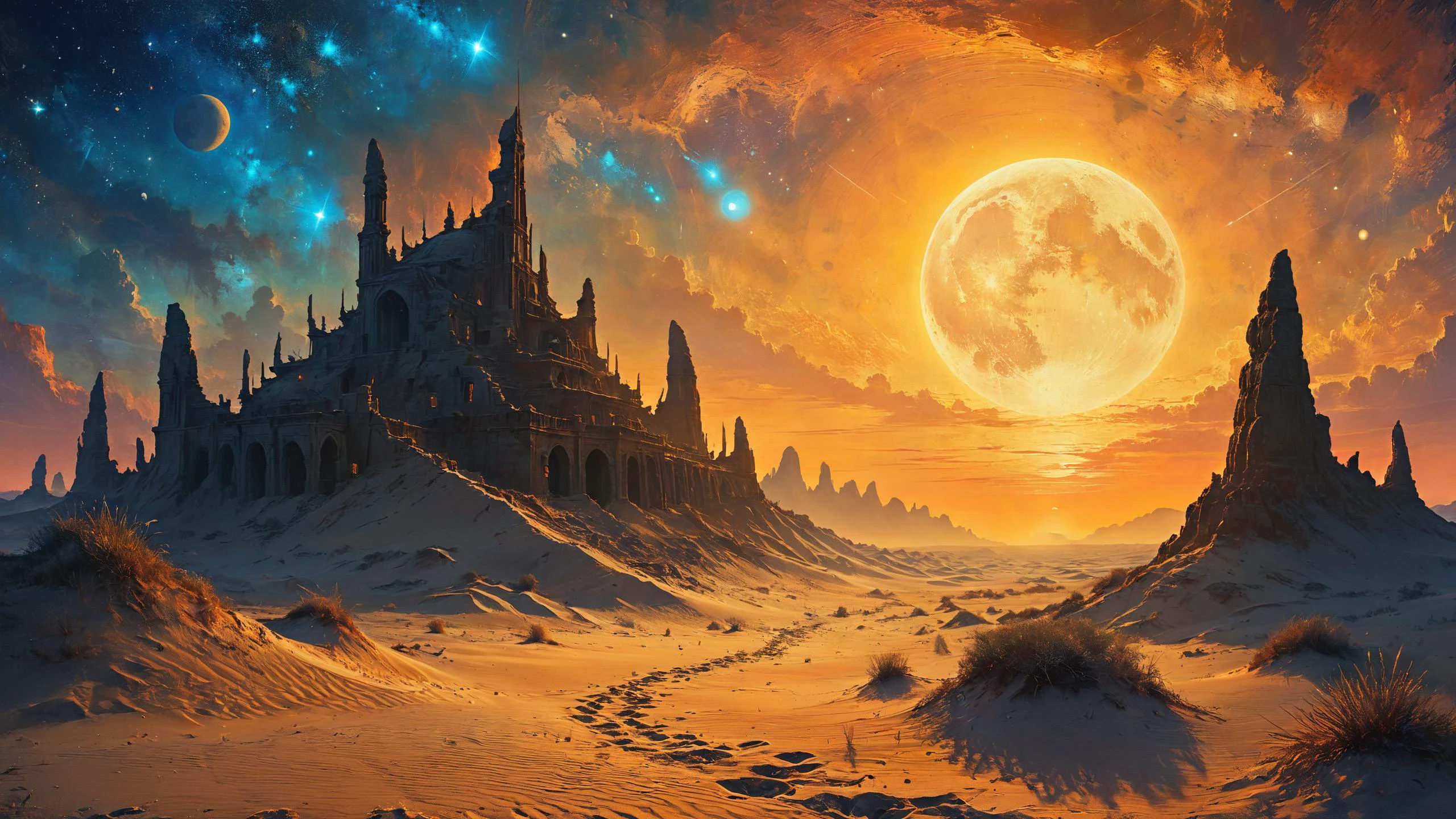 Руины инопланетной цивилизации, Песчаные дюны движутся под светом биолюминесцентных лун на заднем плане, суровый солнечный свет, Мечтательная атмосфера