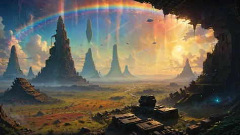The ruins of an alien civilization, Rainbow-hued plains stretching to infinity in the background,, Harsh Sunlight,, cin3, sharp ...