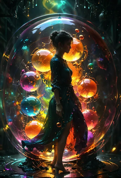 <lora:Lost_In_Dreams:0.75>,bold bright colored globes glow to light a dark space around a beautiful young woman,atmospheric,dram...