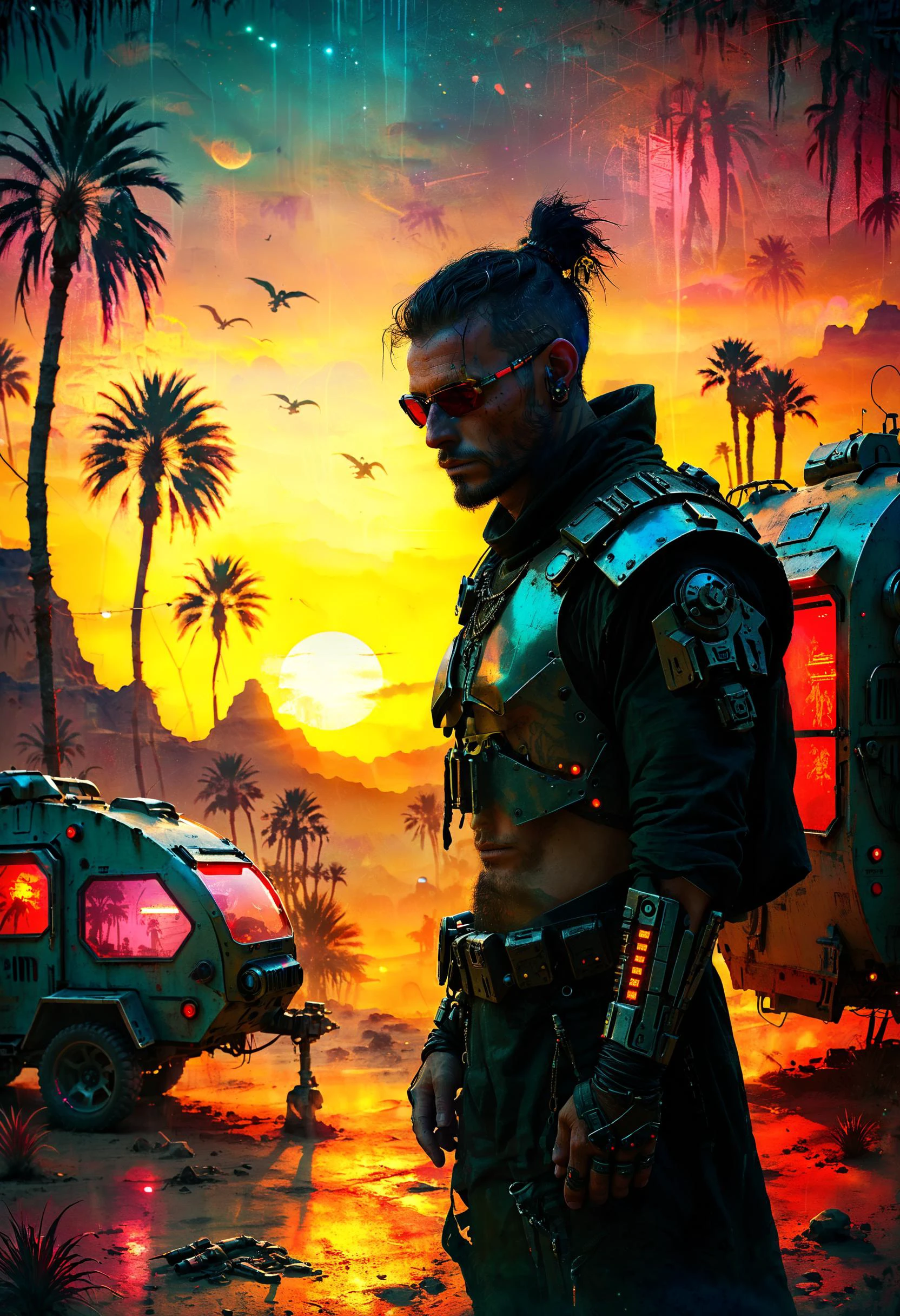 evil villain Cyberpunk nomad trader with robotic caravan, outrageous fashion, Desert oasis with palm trees in the background, Flickering light, sharp focus, highly detailed