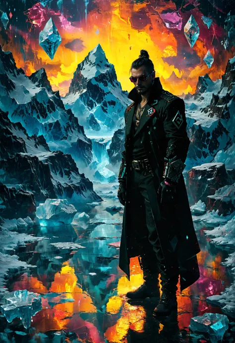 villano malvado jugador Cyberpunk con suerte aumentada, moda escandalosa, Lago glacial con icebergs flotantes al fondo, holografía, colores saturados, enfoque nítido, muy detallado