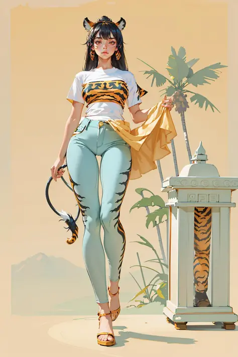 (masterpiece), (best_quality), (ultra-detailed), (illustration), (welcoming), 1girl, monster girl, (Mayan tiger office lady:1.3), (at a tropical, American shrine:1.3), (full body:1.4), goldenrod hair, braid,swept bangs, , muted red eyes, pose, [:casual, outlandish costume design:0.2], cameltoe, wide hips, narrow waist, tall, slim hourglass figure,(muscular:0.6), skindentation, ((pants, shirt lift:1.3):1.2), korean, official art, vivid color, finely detailed, hyper detailed, 8k, high resolution illustration, absurdres, intricate detail <lora:EnvyBeautyMix02:1>