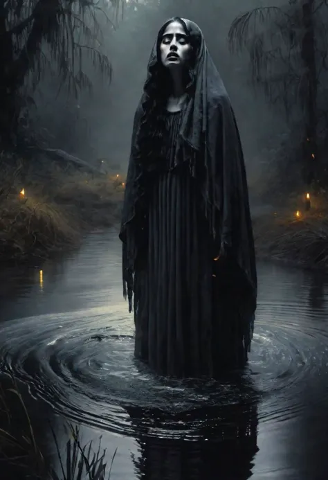 a woman in a black robe standing in a river with candles