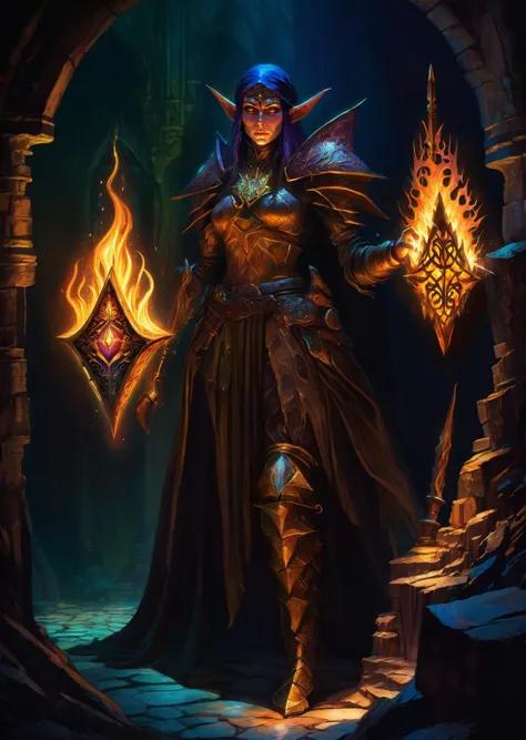 a woman in a dark outfit holding a fire and a sword