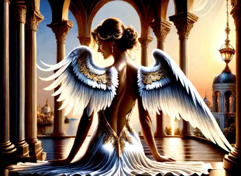 painting of a woman with angel wings sitting on a balcony