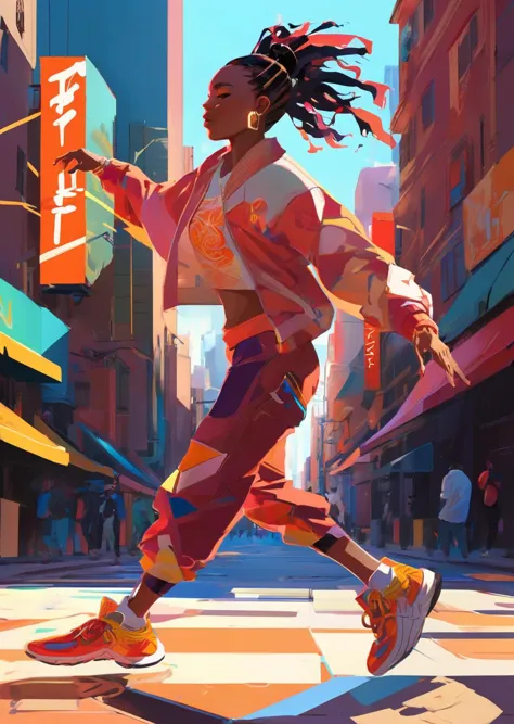 a painting of a woman in a colorful outfit is walking down the street