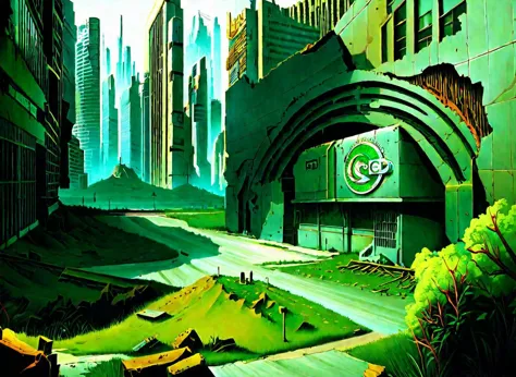 anime city scene with a green tunnel and a green building