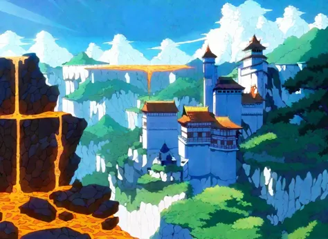 a close up of a painting of a castle on a cliff