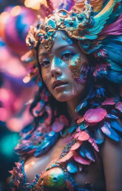 a woman with colorful makeup and feathers on her head