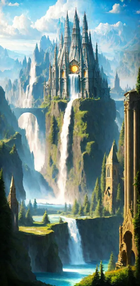 a painting of a castle in the middle of a mountain with a waterfall