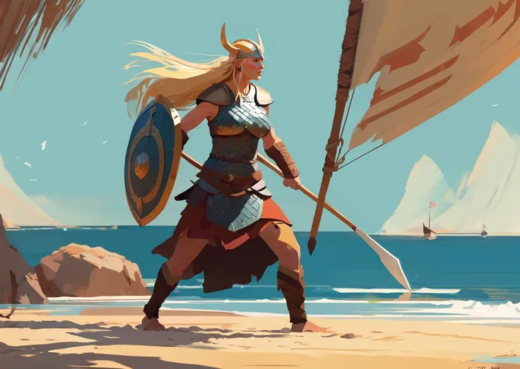 a close up of a woman with a sword and shield on a beach