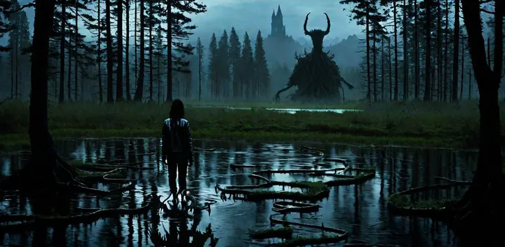 arafed image of a man standing in a swamp with a horned head