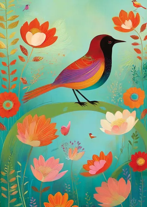 painting of a colorful bird sitting on a flowery green background