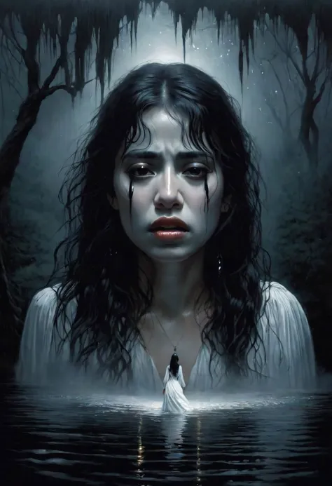 the llorona, black tears on cheeks, bare feet, floating in the air