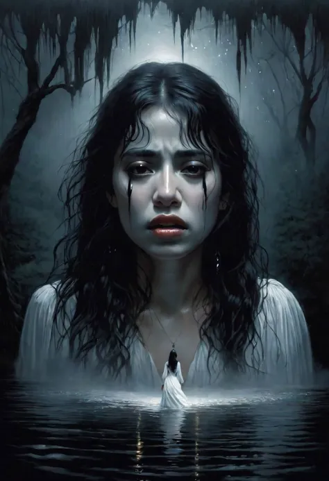 a woman in a white dress standing in the water with a dark background