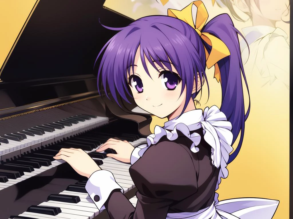 Anime girl playing piano with purple hair and purple dress - SeaArt AI