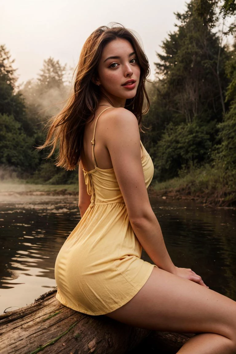 photographie brute, la télé_Céline_Farach_m, , Expression calme, porter une robe d’été colorée, assis sur une bûche au bord d&#39;un étang forestier brumeux, heure d&#39;or, tiré de côté,,