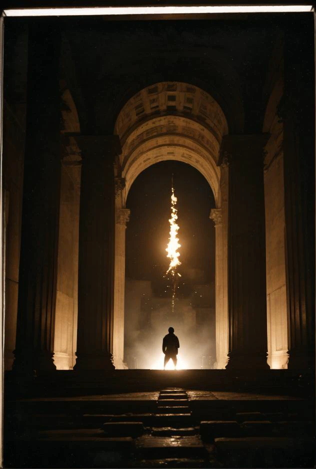 Arafed man standing in a dark hallway with a firework in the background ...