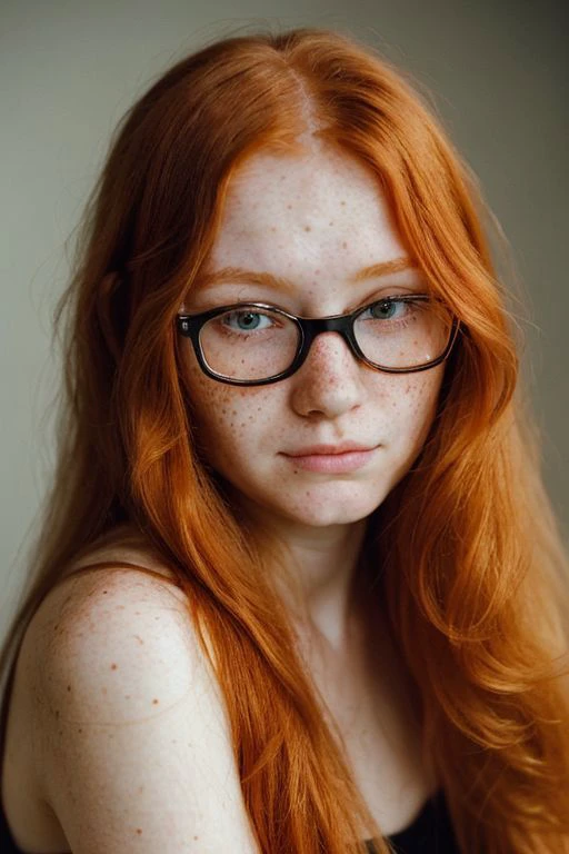профессиональный портрет 20-летней милой рыжей девушки, длинные волосы, рыжая, очки, (выглядишь застенчиво:1.3), веснушки, детальное лицо, Детализированный скин, фотография,