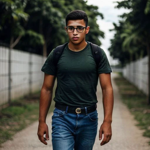 ブラジル人の若者, 軍隊, 兵舎まで歩く, 若いブラジル人, 高い, 強い, 暗い, 眼鏡をかけている, HD画質, 超高解像度, 4K, 現実的, フォトジャーナリズムスタイル.