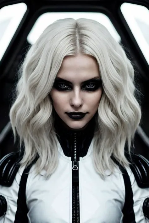 a woman with white hair and black makeup in a white suit