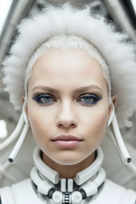 a woman with white hair and a futuristic headpiece