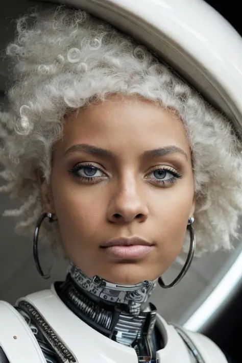 a close up of a woman with a white hair and a white helmet