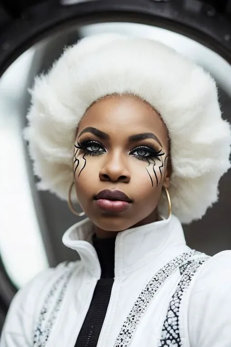 a close up of a woman with a white wig and black eyeliners