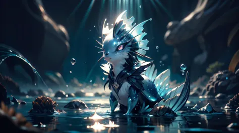 a small white and black dragon sitting in water with a light shining on it