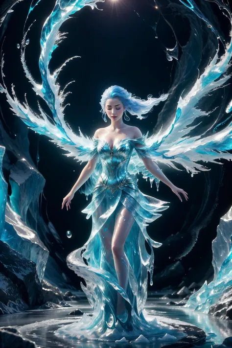 A magnificent sorceress inside a bright cavern, surrounded by melted ice. She stands amidst swirling water and frost, as she cas...
