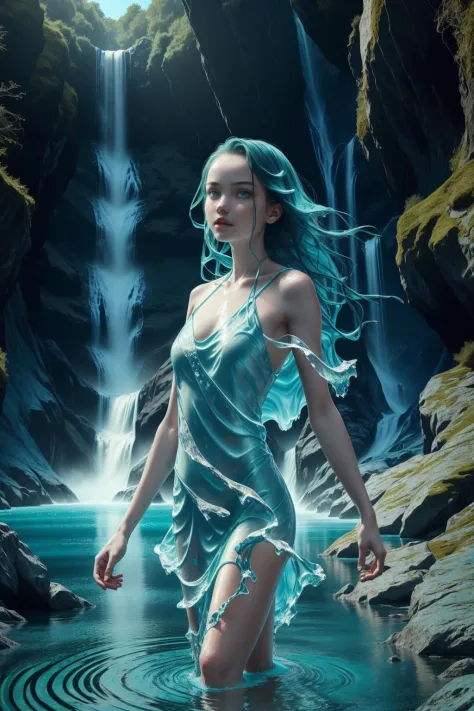 (girl by Fullwater:1), (liquid body, liquid, water, blue skin: 1), in waterfall, fantasy background, blue lighting, artistic, we...