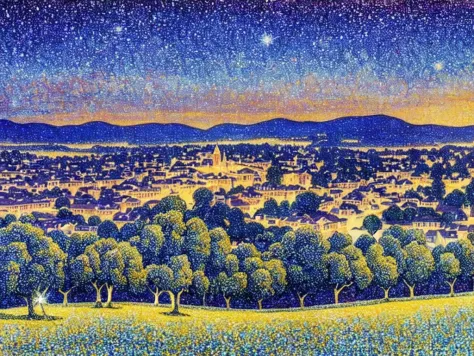 a painting of a starry night with a tree in the foreground and a city in the background with buildings and hills in the foregrou...