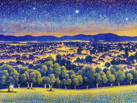 a painting of a starry night with a tree in the foreground and a city in the background with buildings and hills in the foreground, (a pointillism painting)