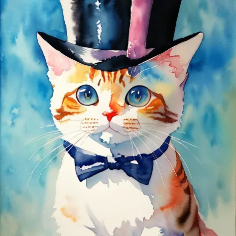 masterpiece, best quality, 1cat, solo, tophat, (a watercolor painting) <lora:ANIMAL_cat_20230627113759:0.3> <lora:DragonfruitGT_...